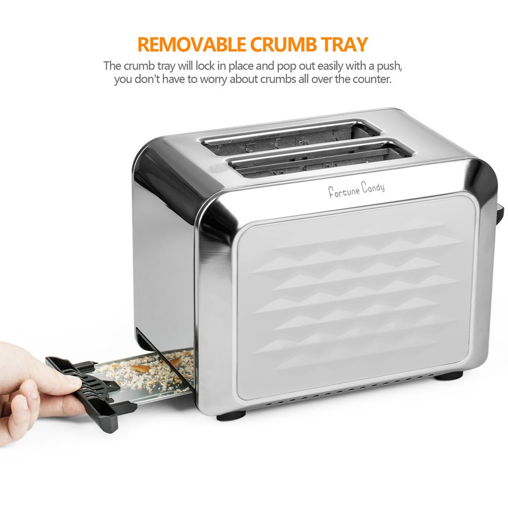Toaster,Fortune Candy White Toaster 2 Slice,Stainless Steel Toaster with Extra Wide Slots,Removable Crumb Tray,High Lift Lever,Bagel Defrost Reheat Cancel Function,7 Setting Shade Selectors