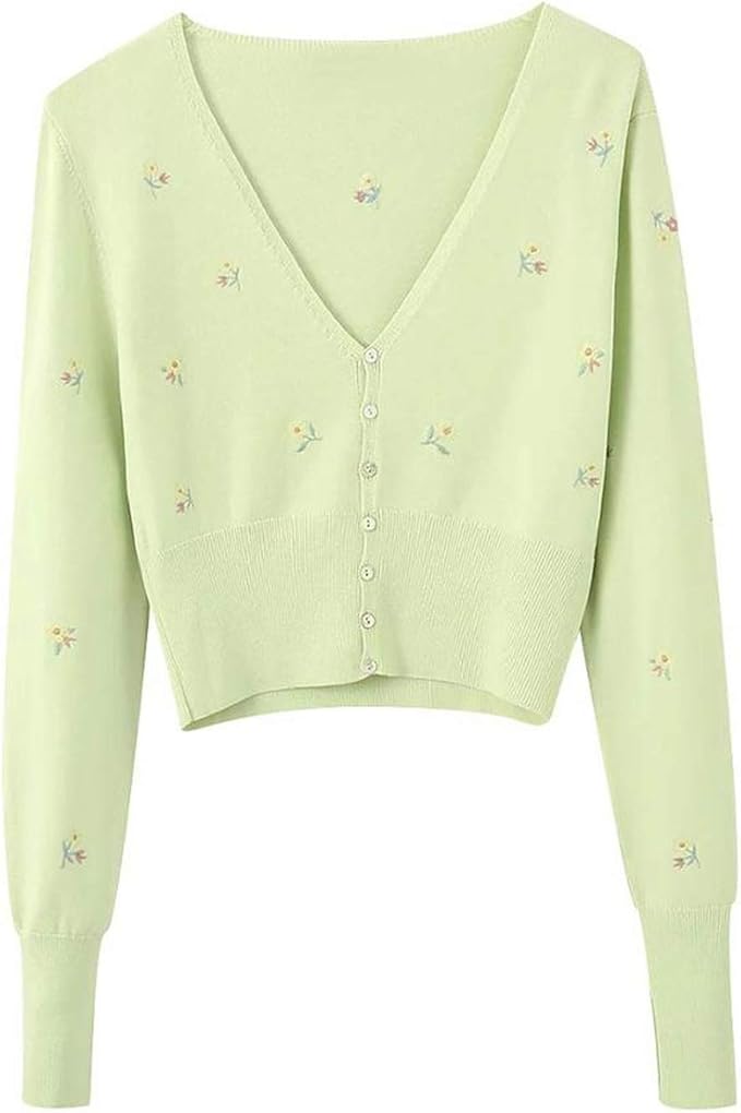 NDJqer Sunmmer Women's Embroidery Green Cropped Knit Cardigan Two