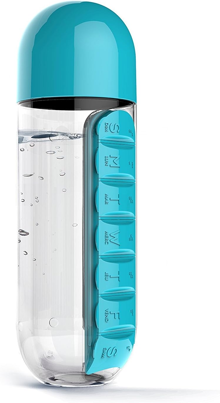 Pill Bottle, 2 in 1 Candy Colours Pill Box Organizer with Water Bottle (Capacity : 20oz,600ML, Material : Plastic, Colour : BLUE )