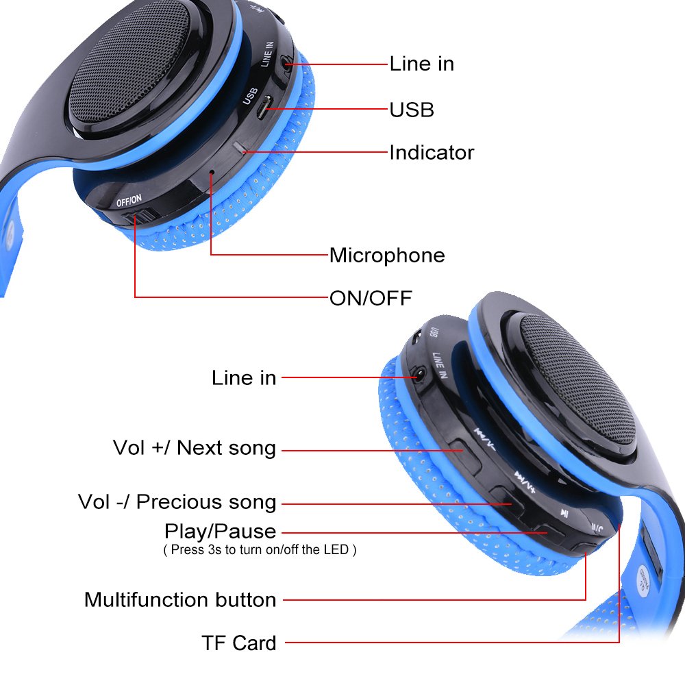 Ecandy Bluetooth para auriculares con 3 Modo Luz Led estéreo de música plegable Sobre-oído sonido de alta fidelidad, construido en llamadas inalámbricas micrófono de manos libres para Iphone X 8 7 6S 6S, 6S Plus de Samsung, Android smartpho