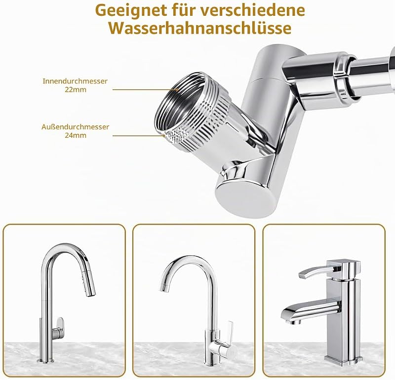 Drehbarer Wasserhahn Aufsatz, 1440 Grad Drehbarer Multifunktionaler Wasserhahn Verlängerungshahn, Wasserhahnaufsatz mit 2 Einstellbarer Adapter, Wasserhahnverlängerung für Bad und Küche — Foto 7 von 7