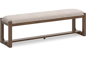 Signature Design by Ashley Cabalynn Farmhouse Upholstered Dining Bench, Foam Cushion, Hardwood Solids, 63.5" W x 16.5" D x 19.75" H, Beige & Light Brown