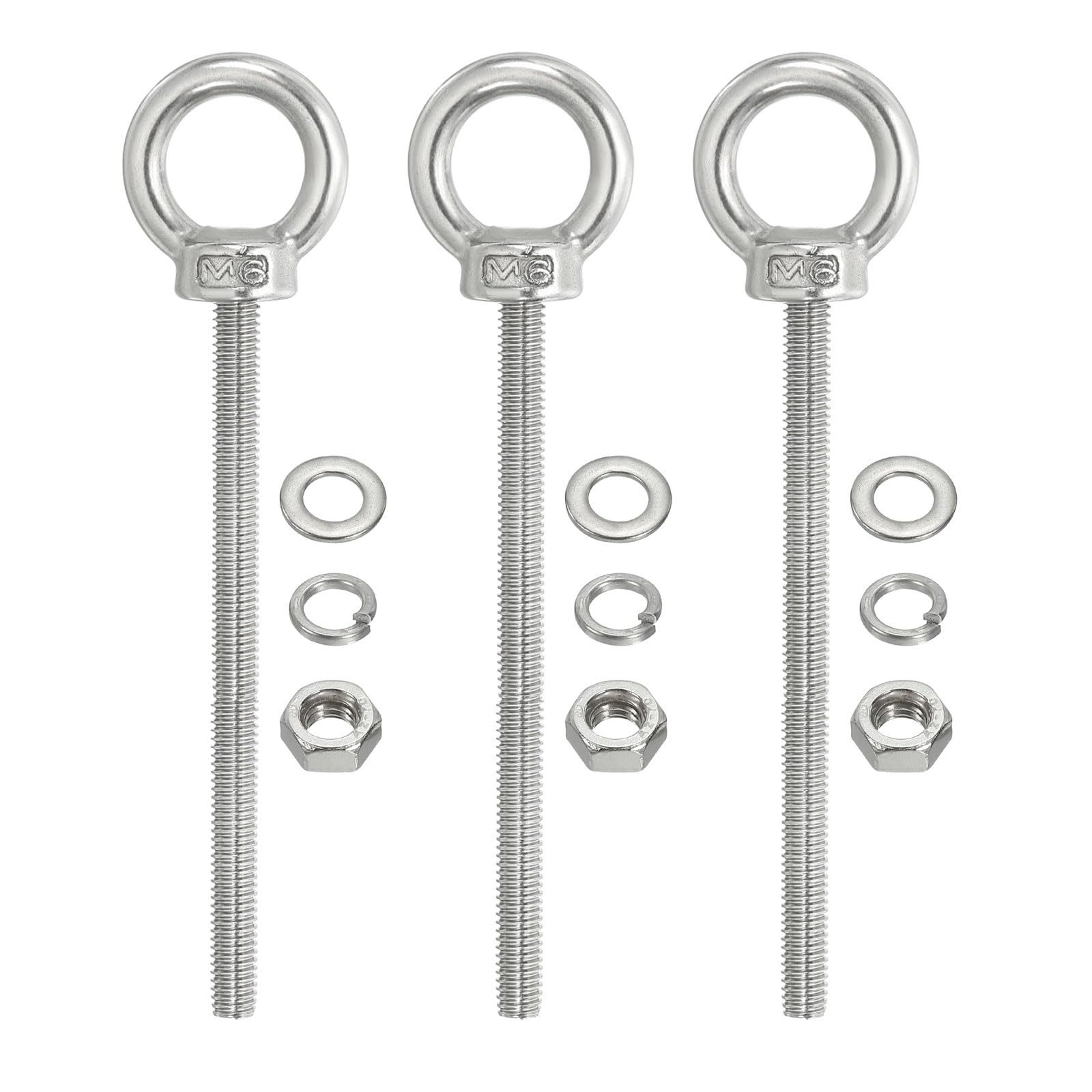 PATIKIL M6 x 90mm Lifting Shoulder Eye Bolt, 3Pcs 304 Stainless Steel Lifting Ring Threaded Eyebolt with Nuts Washers for Hanging Hammocks Articles