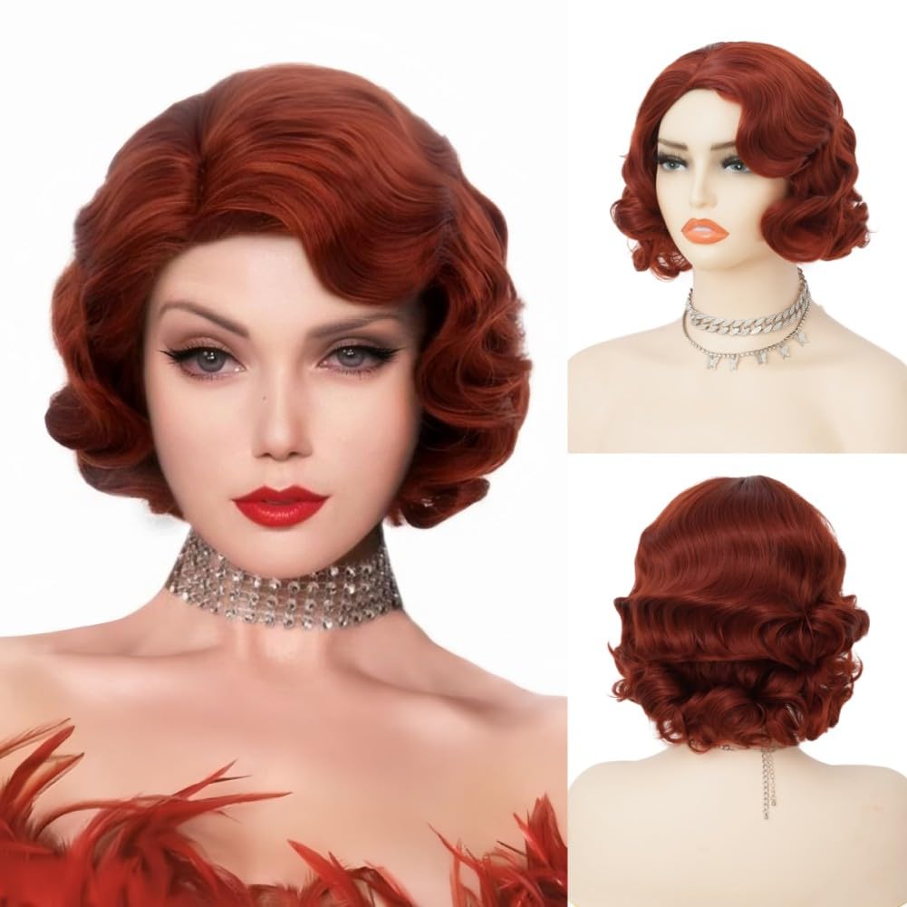 Salaibs Red Short Curly Wigs for Women Brownish Red 1920s Finger Wave Wig Synthetic Fiber 30s Disco Costume Hair Wig for Cosplay Halloween Use — image 1