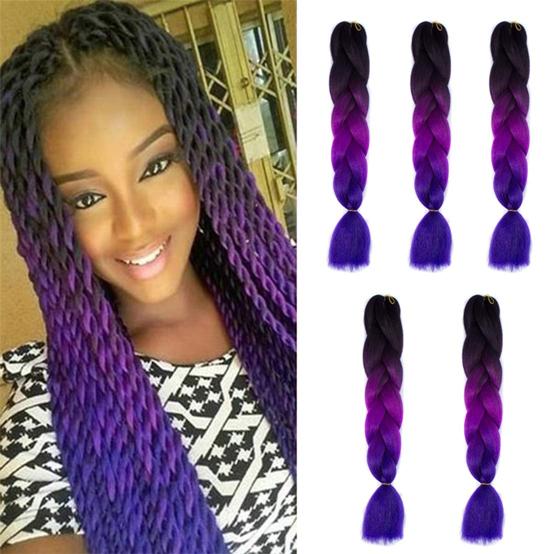 Ombre Braiding hair synthetic Crochet braids twist 24inch 5pcs/lot 100g Ombre two three tone Jumbo braid hair extensions Dreadlocks (black-purple-blue)