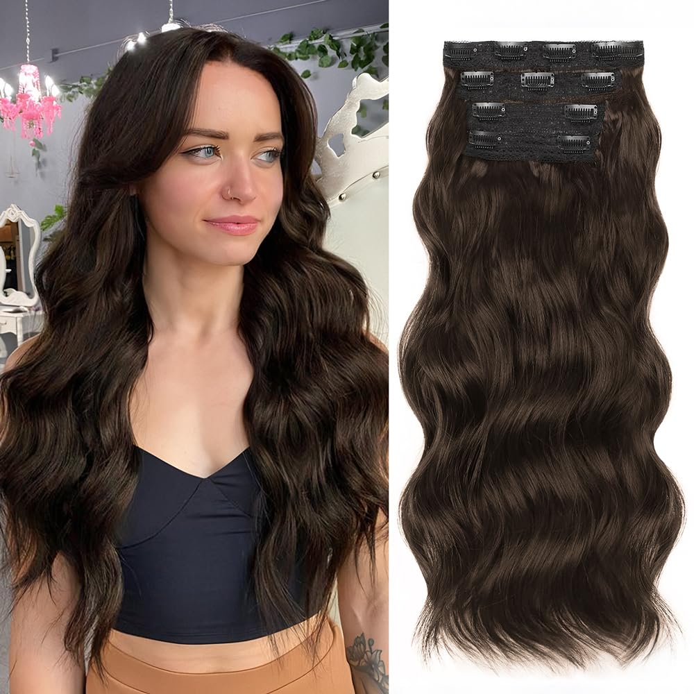 Photo 1 of ALXNAN Hair Extensions, 4PCS Clip in Hair Extensions,20 Inches Chocolate Brown with Dark Brown Long Wavy Natural Soft Synthetic Hairpieces for Women
