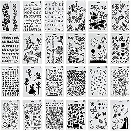 PaC 24 Airbrush-Schablonen-Set, Mix-Muster, Bullet Journal, Kunststoff-Flex-Vorlagen für Zeichnen, Airbrushing, Malen, wieder