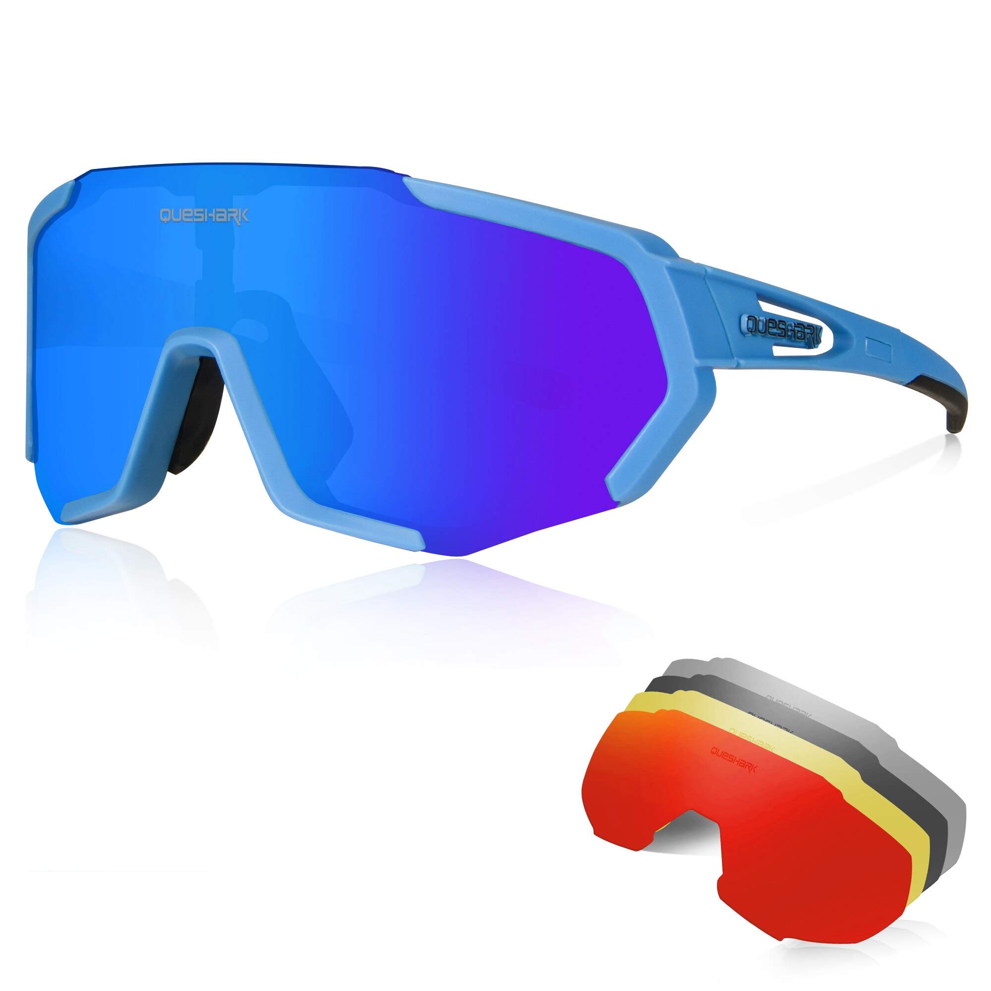 Queshark Cycling Glasses, TR90 Unbreakable Frame Polarized Sports Sunglasses, Bike Glasses for Men Women with 5 Interchangeable Lens, Anti-UV400 for Driving Fishing Glof Baseball Running Hiking