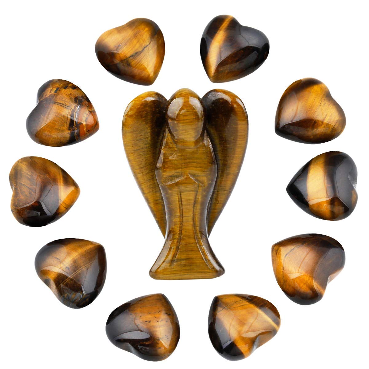 mookaitedecor Tiger's Eye Crystal Angel Ornament Guardian Angel Statue & Tigers Eye Heart Crystals Set Heart Shaped Stones Love Heart Ornament Reiki Healing Crystal Set Small Crystal Heart Gift