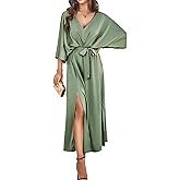 SEMATOMALA Women's Satin Batwing Sleeve Cocktail Evening A Line Long Dress V Neck Ruched Loose Maxi Dress