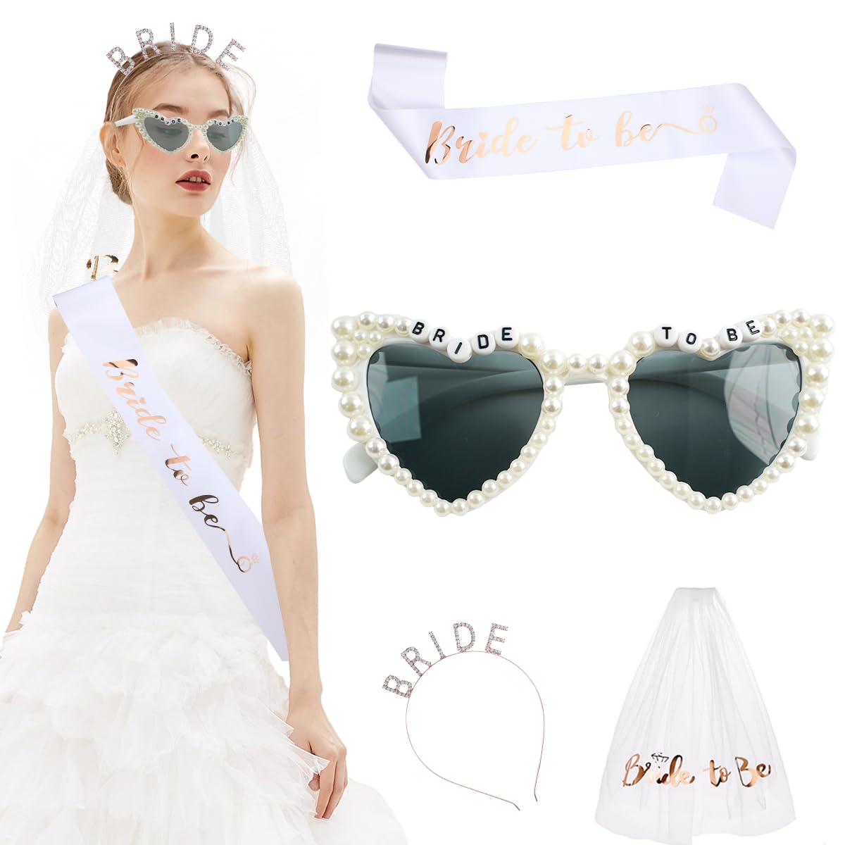 ChauLanBow Bride Sunglasses, Bride to Be Glasses Veil, Bride to Be Accessories, Heart Shaped Pearl Sunglasses for Women Sash and Veil Headband Tiara Hen Party