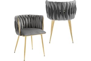 Nrizc Woven Dining Chairs Set of 2, Velvet Upholstered Dining Chairs with Gold Metal Legs, Modern Accent Chairs for Living Room, Dining Room, Kitchen (Grey)