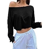 SOFIA'S CHOICE Women's Sexy Off Shoulder Long Sleeve Crop Tops Boat Neck Loose Asymmetrical Top