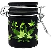 Airtight Glass Herb Mini Stash Jar with Clamping Lid in Choice of Design (Black Frosted with Green Leaf)