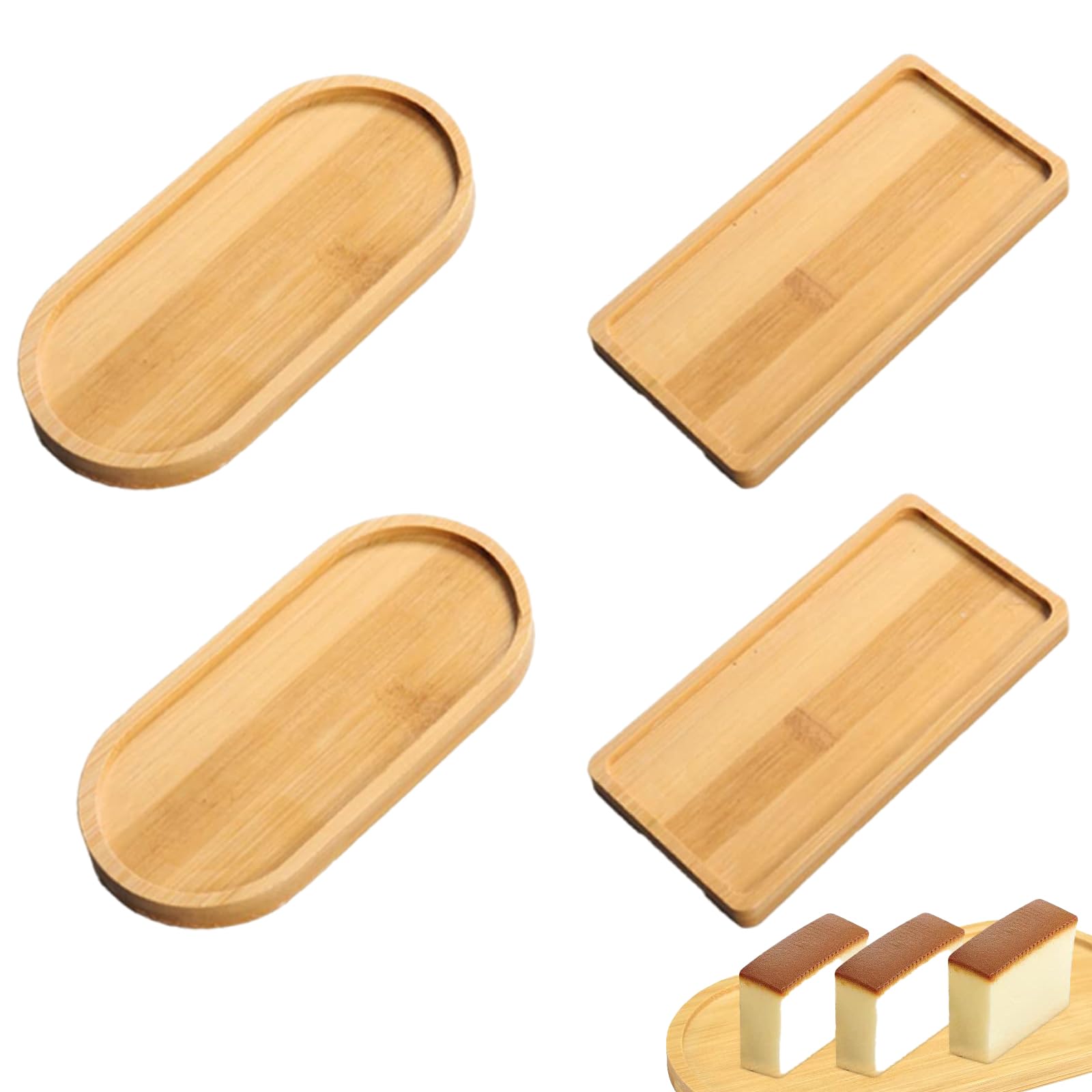 4 Pcs Rectangular Oval Bamboo Tea Serving Tray For Coffee, Cake, Snack