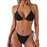 Fanuerg Women's Triangle Bikini Sets Sexy Halter String Two Piece Swimsuit Beads Tie Side Bathing Suit