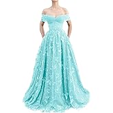 Sparkly Off Shoulder Tulle Prom Dresses with Butterfly Appliques Long A Line Formal Evening Party Gowns for Women