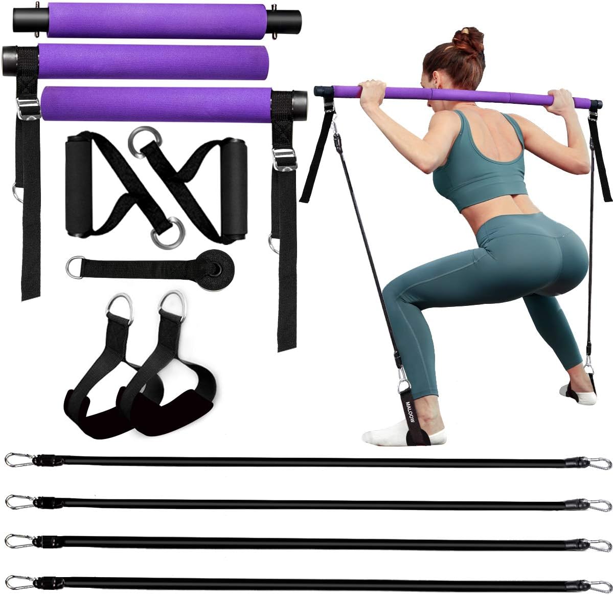 MALOOW Pilates Bar Kit with 4 (2 Strong & 2 Standard) Resistance Bands，Adjustable Portable Compact 3-Section Yoga Resistance Bands for Legs and Butt, Pilates Exercise Stick with Foot Strap for Full Body Workout