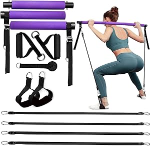 MALOOW Pilates Bar Kit with 4 (2 Strong & 2 Standard) Resistance Bands，Adjustable Portable Compact 3-Section Yoga Resistance Bands for Legs and Butt, Pilates Exercise Stick with Foot Strap for Full Body Workout