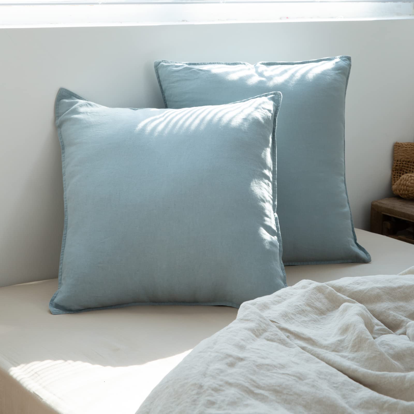 Simple&Opulence 100% Washed Linen Euro Shams 26'' x 26'' Pack of 2, Basic Style Solid Color Natural Flax Farmhouse Decorative Square Throw Pillow Covers for Bed Couch Sofa - Dusty Blue Image