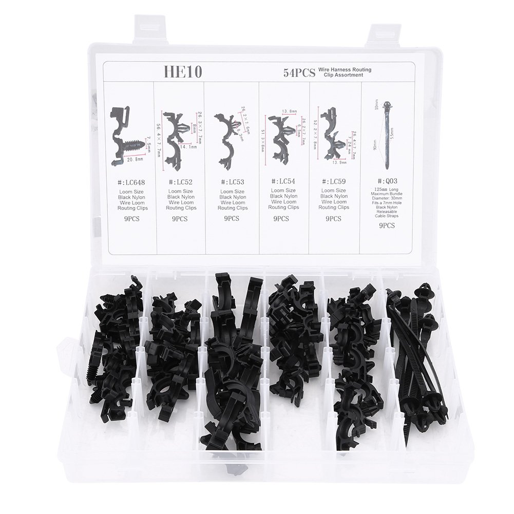 Suuonee Wire Clip Kit, 54pcs 6 Sizes Assorted Car Wiring Harness Wire Routing Clip Convoluted Conduit Clip