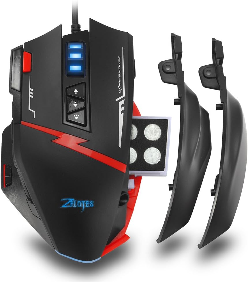 zelotes Gaming Mouse, 9200 DPI Wired PC Gaming Mice, 8 Buttons Ergonomic Grips, 13 LED Mode and Weight Tuning Set for Windows Mac Macbook Linux - Black (Black)