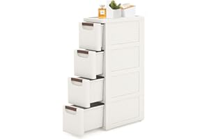 YABORAS 4 Drawers Slim Bathroom Storage Cabinet Dresser, Narrow Plastic Rolling Cart Organizer with Drawers, for Small Spaces, Kitchen, Laundry, Office, Bedroom, White