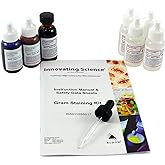 Gram Stain Kit, 7 Dropper Bottles - Crystal Violet (30mL), Safranin O 1.0% (30mL), Potassium Iodide 1.85% (30mL), 95% Denatured Ethyl Alcohol (4x25mL) - Includes Instructions - Innovating Science
