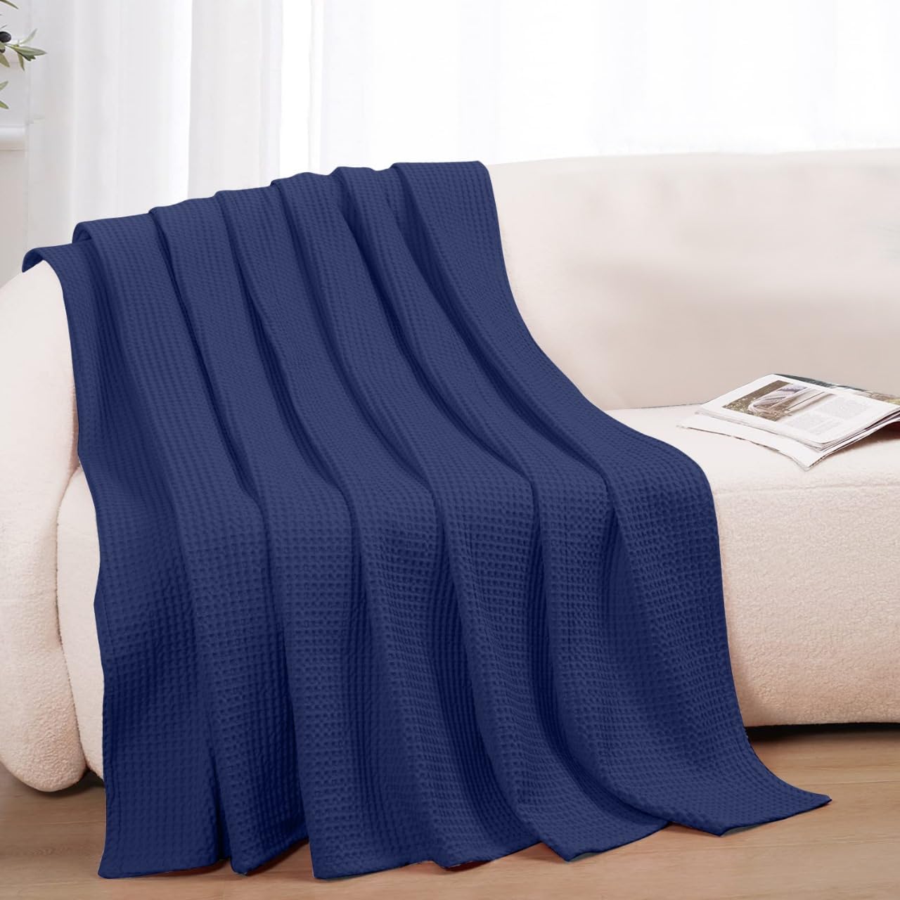 Photo 1 of 100% Cotton Blankets Throw Size for Bed - Waffle Weave Blankets for Summer, Lightweight and Breathable Soft Woven Blanket for Spring (Navy, Throw (50" x 60")