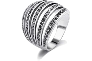 Mytys Vintage Wide Ring Classic Black Marcasite Crystal Rows Statement Silver Chunky Rings