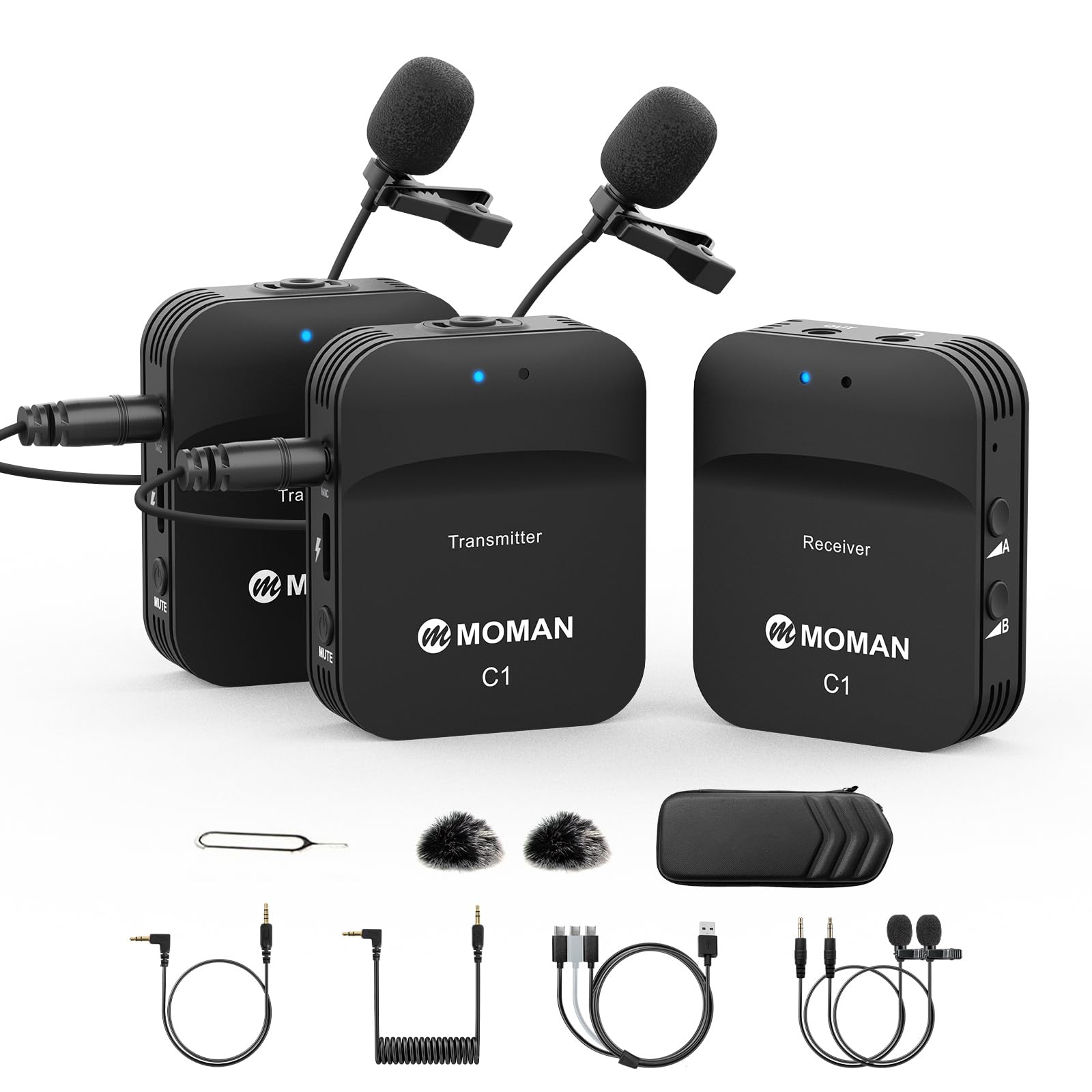 Wireless Lavalier Microphone, MOMAN C1X 2.4G Lapel Mic System for Camera DSLR, Camcorder Canon Sony Nikon 70m Transmission, Radio Microphones Compatible for iPhone/Andorid Mobile Phone, Laptop, Tablet