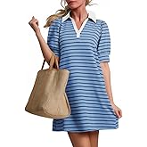 ZESICA Womens Summer Striped T Shirt Mini Dresses 2026 Casual Lapel V Neck Short Sleeve Flowy A Line Beach Vacation Dress