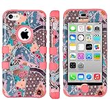 iPhone 5C Case, ULAK Hybrid High Impact Shock Absorbing Soft and Hard Combo Case for Apple iPhone 5C Floral Patchwork Pattern With Screen Protector and Stylus (SEEING SOUND/Coral Pink Silicone