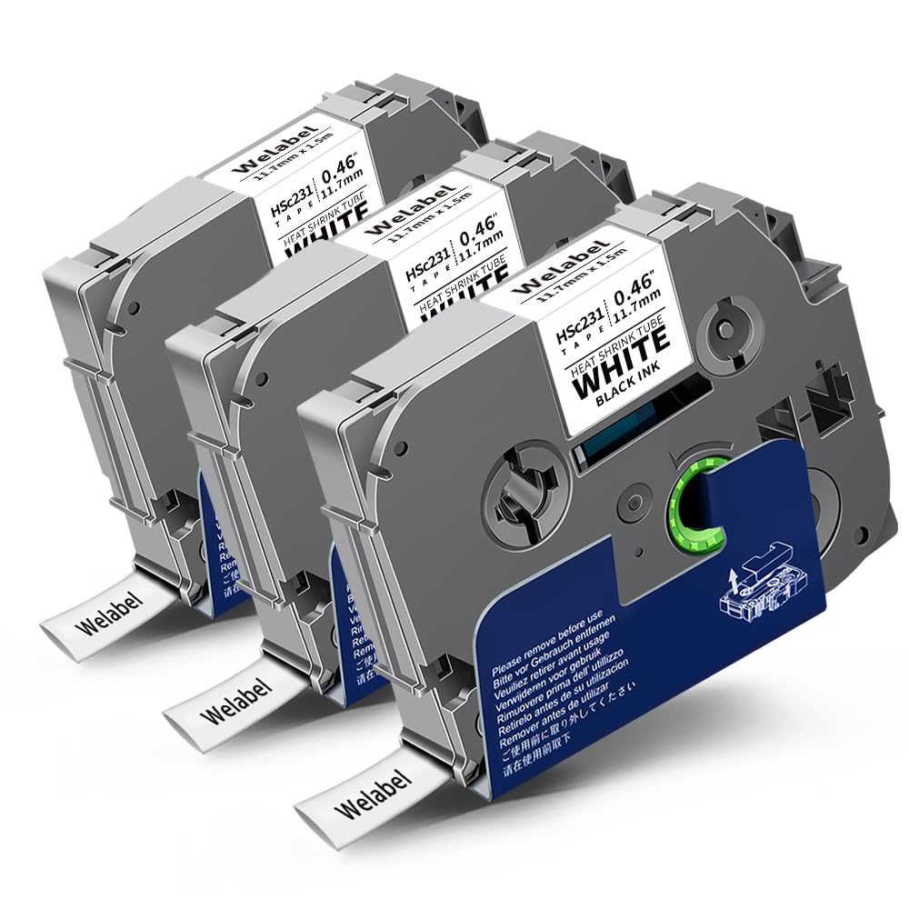 Welabel 3X Compatible Heat Shrink Tube for Brother HSe-231 HSe231 11.7mm Label Tapes for Brother P-Touch PT-E300 PT-H300 PT-E500VP PT-E550W PT-E100 PT-E110 PT-H200 PT-E560BTVP, Black on White