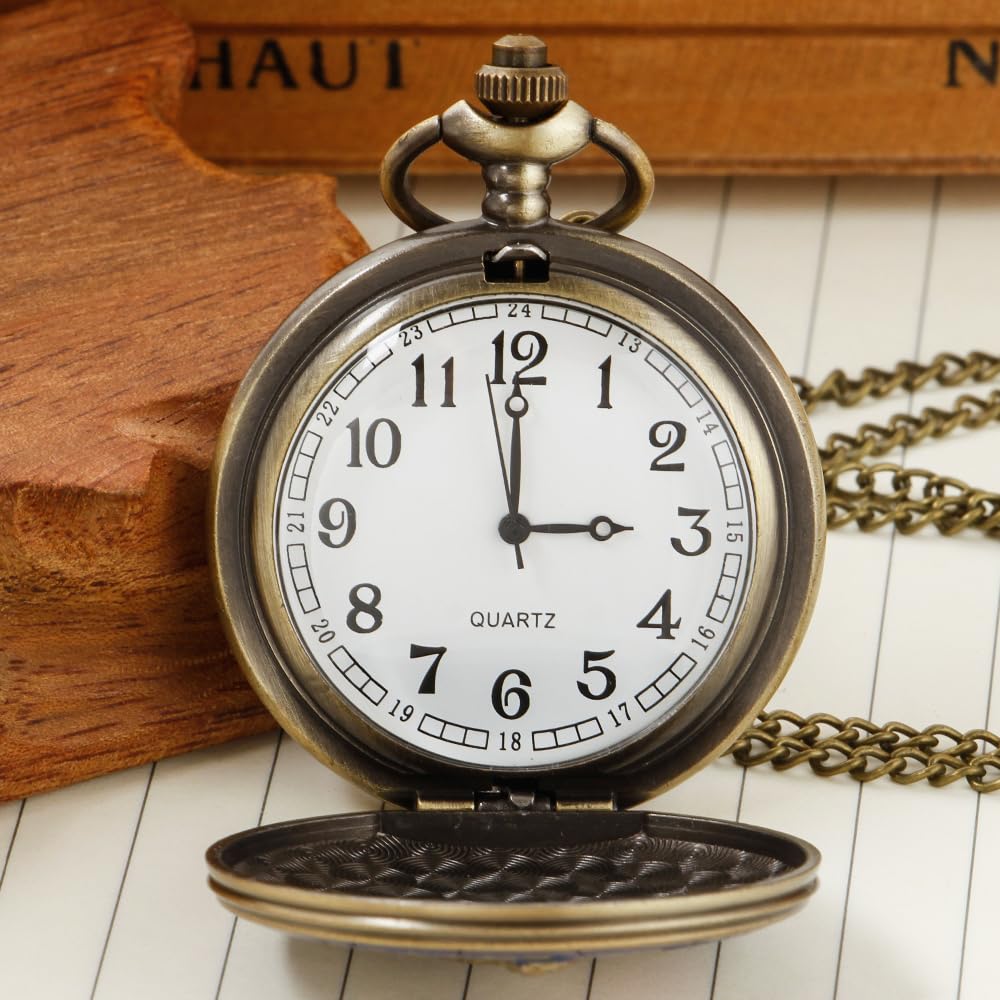 Tiong Engraved Ancient Native Indian/4th of July Pattern Quartz Pocket Watch Design Antique Souvenir Thanksgiving Gifts
