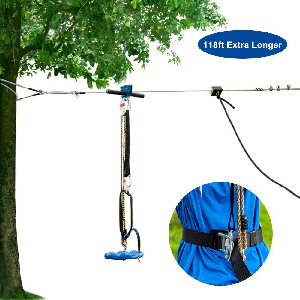 JOYMOR 118ft Backyard Zip Line Kit with Trolley, Brake System,Safe Belt and Seat