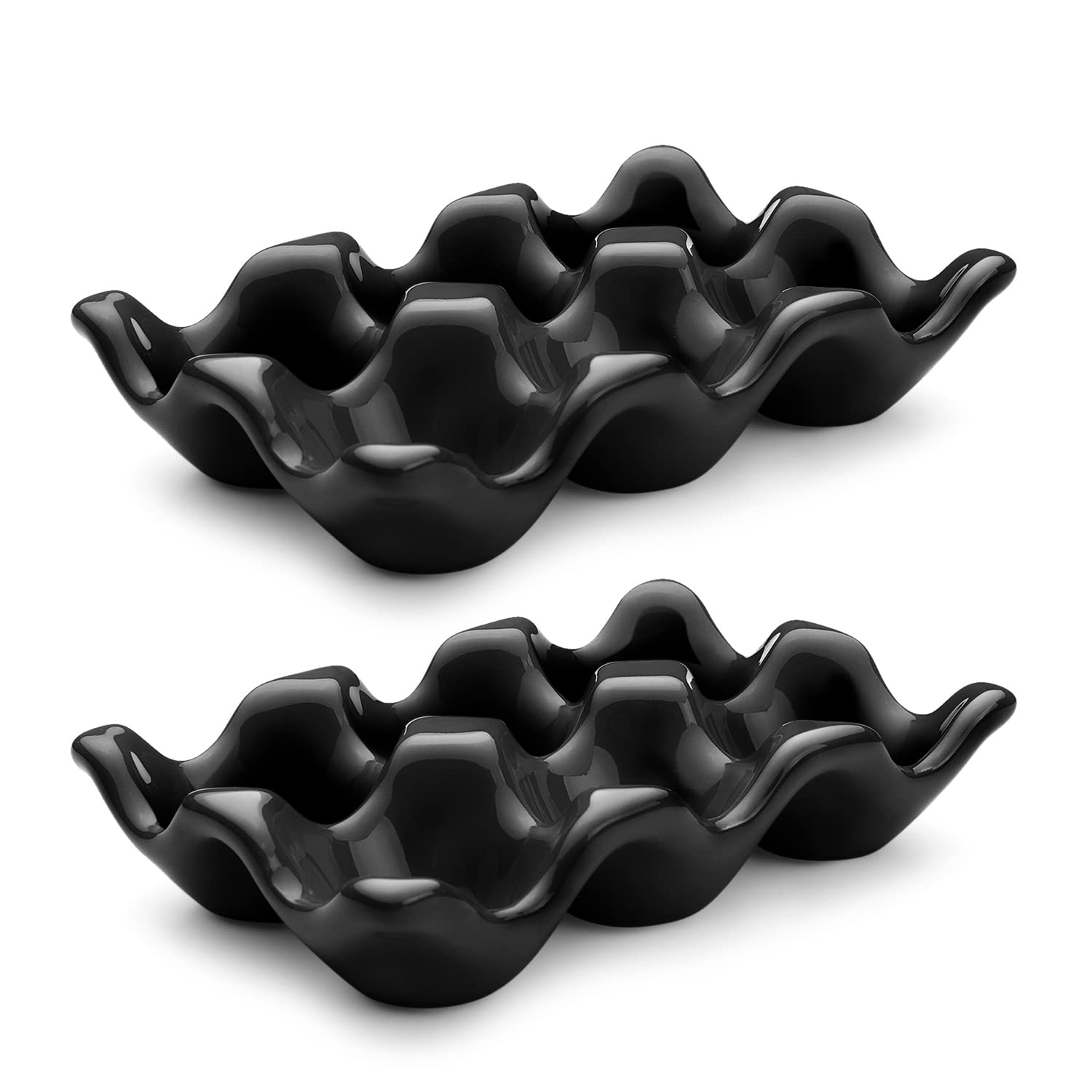 Flexzion Porcelain Egg Crate - 6-Egg Capacity Ceramic Egg Tray, Half Dozen Egg Holder for Fridge, Countertop Display - Black Decorative Serving Dish and Storage Organizer, 2 Pack — image 1