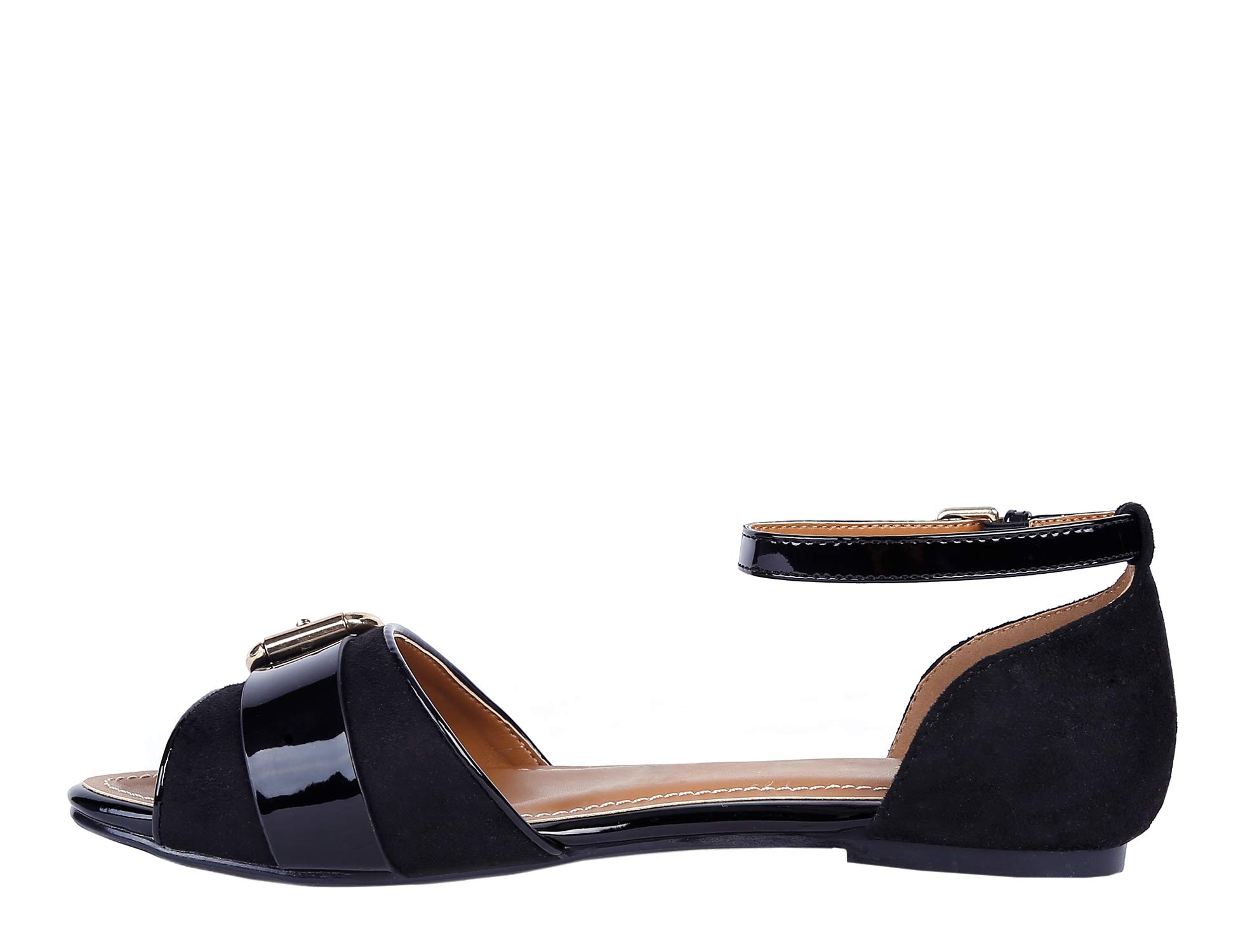 Greatonu Womens Peep Toe Sandals Buckle Ankle Strap Flat Comfort Cushion Sandals Black Size 5.5 US - Image 6