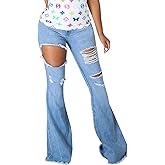 Bell Bottom Jeans for Women Ripped Hole High Waisted Classic Flared Wide Leg Denim Pants