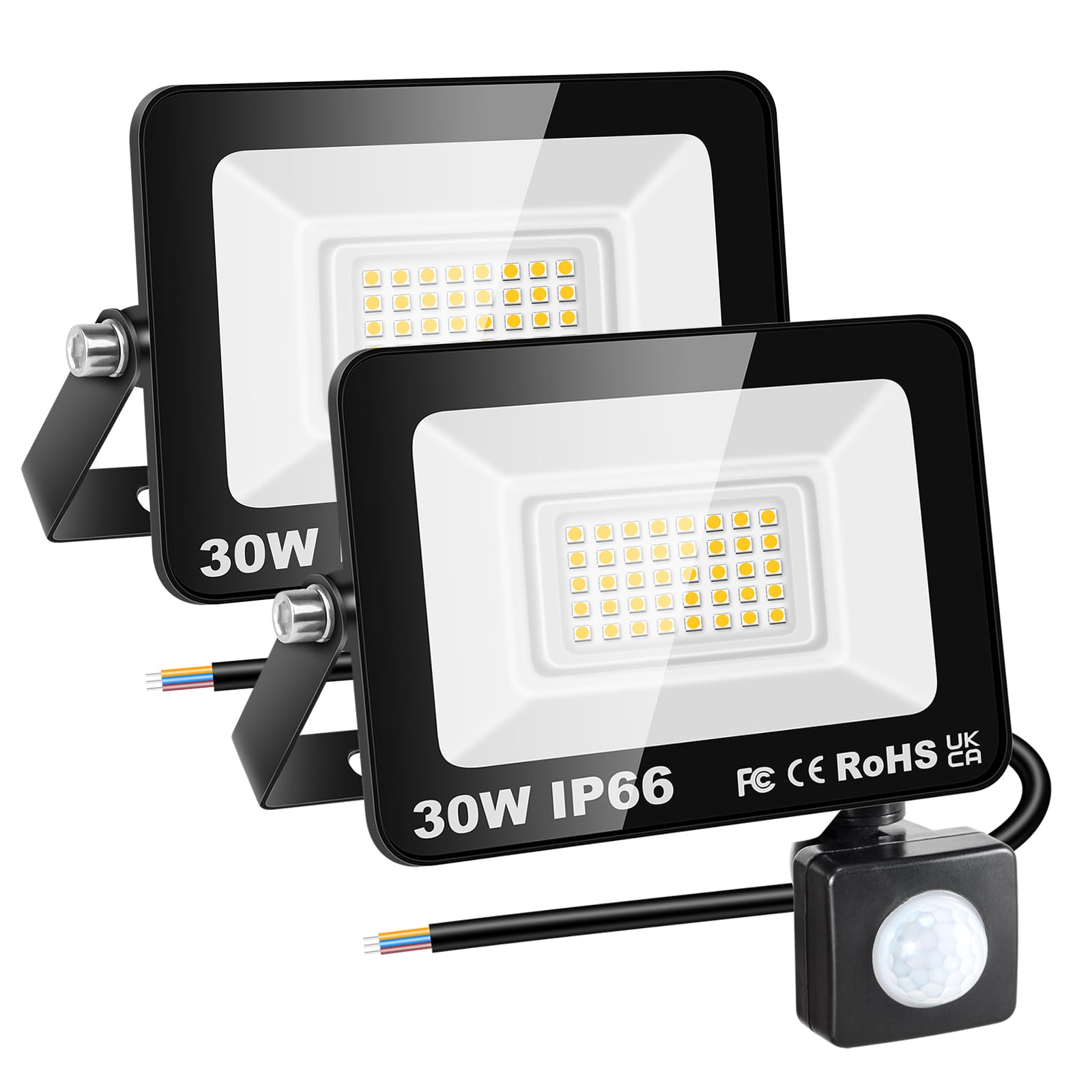 RIGIDON 2 Pcs PIR Motion Sensor Outdoor Security Light, 30W 3000 Lumens Outside Led Floodlight, Daylight Warm White Wall Light for Garden Garage Backyard Patio House Doorway, IP66 Waterproof 3000K