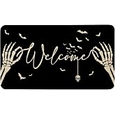 HSOWKDN Halloween Welcome Mat, Skeleton Hand Halloween Front Door Mat Outdoor Funny Non-Slip Washable Skull Spooky Halloween Doormat Outdoor Rug, Black, 17