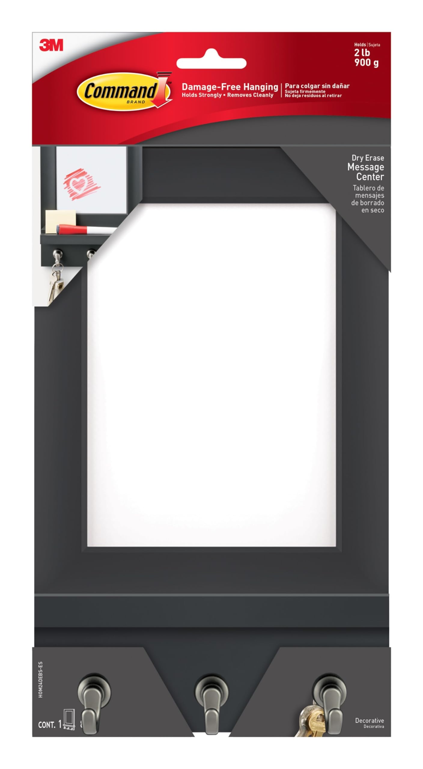 Command Dry Erase Message Center, Slate, 1-Message Center with Key Hooks, 8-Medium Strips, Great for dorm decor