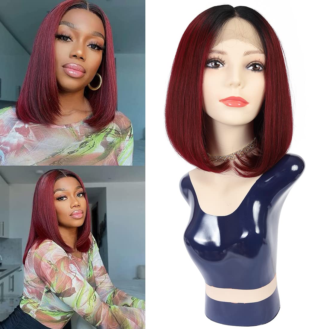 Blissource Human Hair Short Bob Wigs - 150% Density Lace Front Wigs for Black Women, Brazilian Virgin Human Hair, Middle Part, 12 Inch