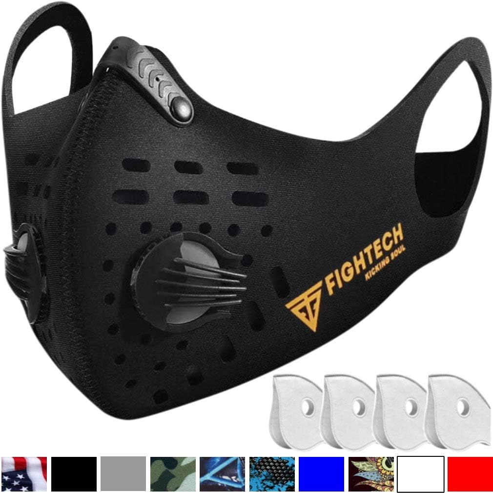FIGHTECH Dust Mask | Mouth Mask Respirator with 4 Carbon Filters for Pollution Pollen Allergy Woodworking Mowing Running | Washable and Reusable Neoprene Half Face Mask (XL/Blk)