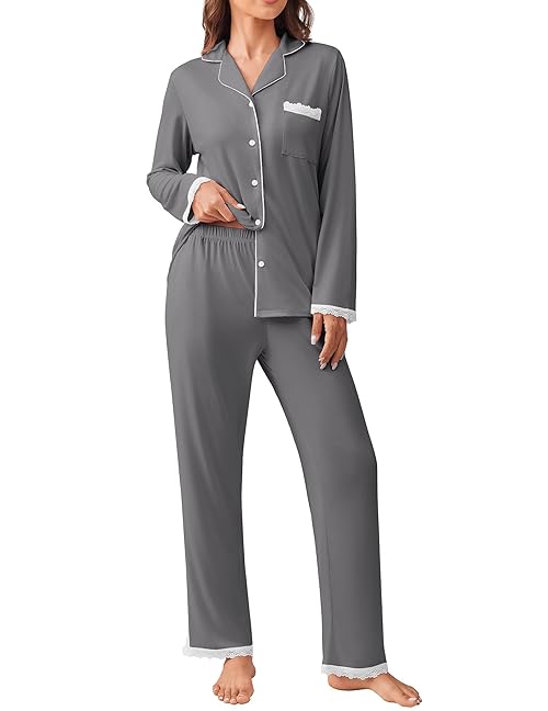 Ekouaer Womens Pajamas Set Long Sleeve Sleepwear Button Down Lounge Set 2 Pieces Soft Nightwear Lace Pjs Set Deep Grey