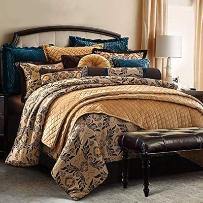 Hiend Accents Loretta Woven Medallion Bedding Set Full Tan Gold Teal Chocolate 4 Pc