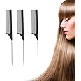 3 Pack Rat Tail Combs with Heat Resistant Carbon Fiber Fine Tooth, Stainless Steel Handle, and Pintail Design for Women's Hair Parting and Teasing