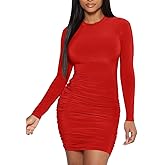 Mokoru Women's Sexy Basic Elegant Long Sleeve Ruched Bodycon Club Party Mini Dress