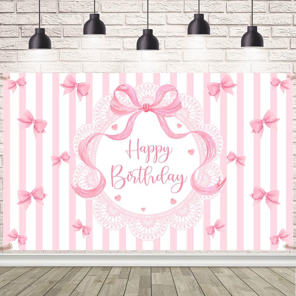 Photo 1 of AIBIIN 7x5ftHappy Birthday Backdrop Pink Coquette Bow Background White Lace with Bow Girl Decorations Coquette Sweet Birthday Decor for Party Supplies Photo Booth Props