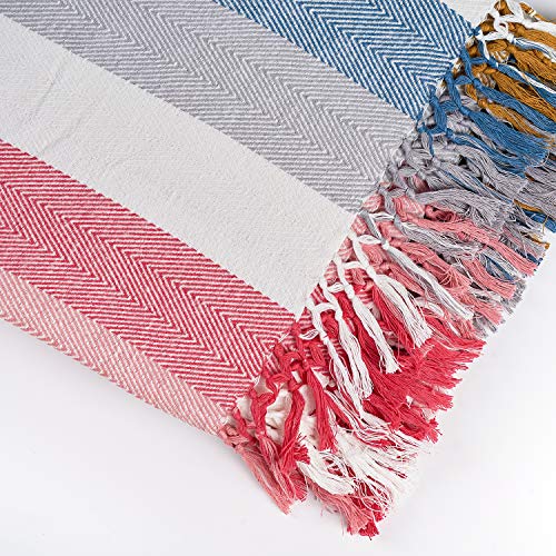 MOTINI 100% Cotton Multi-Colored Throw Blankets, Herringbone Red Striped Soft Cozy Decorative Blankets with Tassels…
